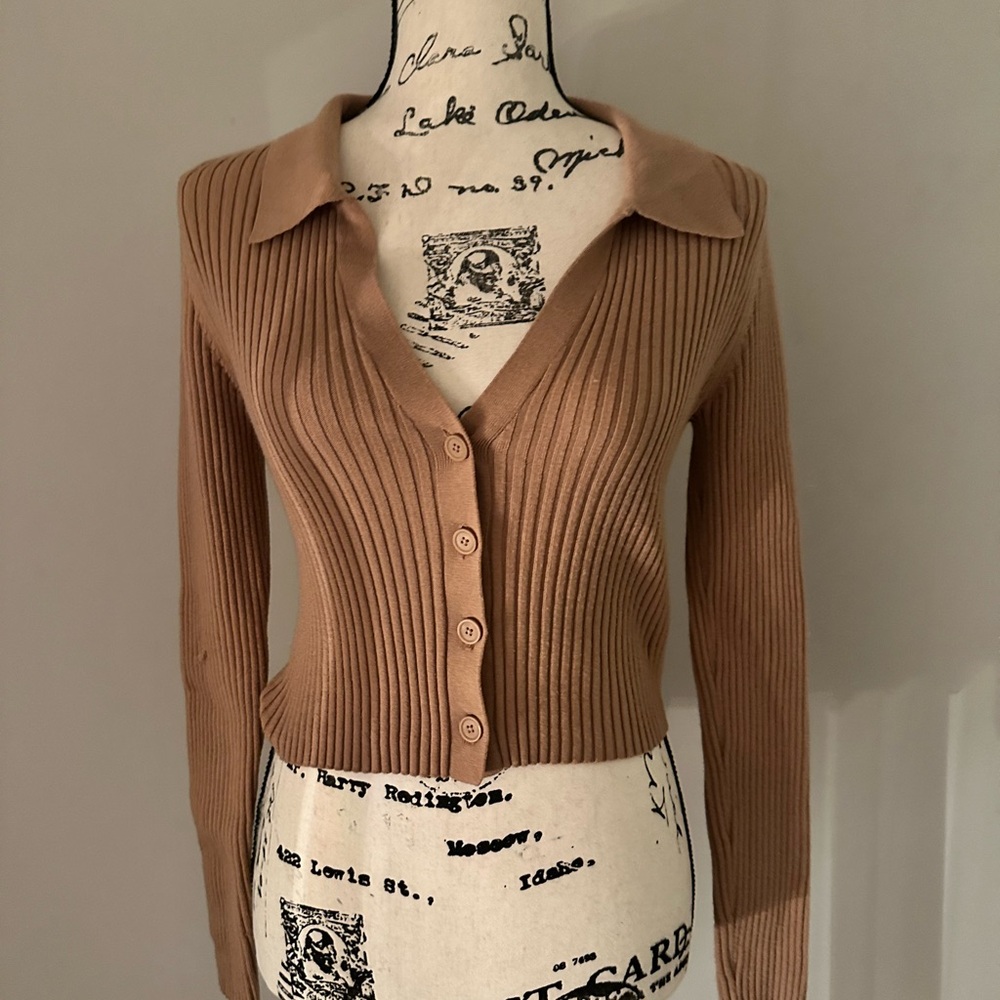 Aerie Tan Ribbed Button-Up Cardigan
